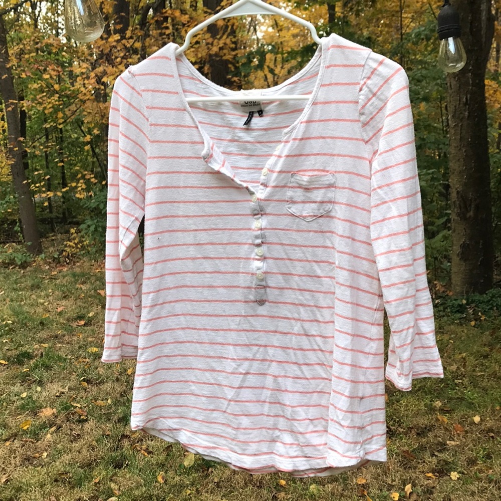 White and light orange striped 3/4 sleeve shirt